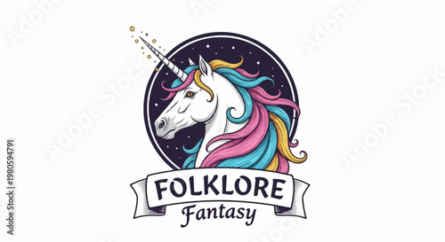 A magical unicorn with a swirling rainbow mane and golden horn emerges from a starry night sky