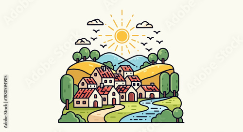 A stylized village scene with rolling hills, a river, and a bright sun in the sky