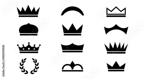 Minimalist crown icons set, black royal tiara and coronet silhouettes, 12 vector heraldry symbols for luxury branding and logo design
