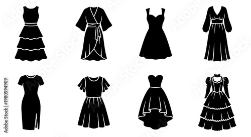 Fashion dress icon set with 8 vector silhouettes, elegant female clothing collection, black evening gown and cocktail dress illustrations for retail