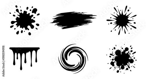 Fotografija Black ink splash and paint splatter set, 6 grunge liquid drip and brush stroke i