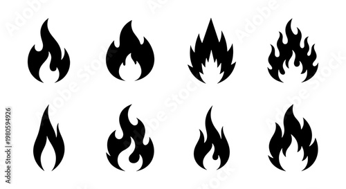 Black fire flame icons set, flat vector bonfire and campfire silhouettes, 8 minimalist heat and energy symbols for logo design and web interface