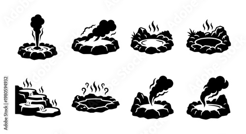 Geothermal geyser and hot spring icons set, black silhouette volcanic thermal vents, 8 nature landscape elements for travel maps and infographics