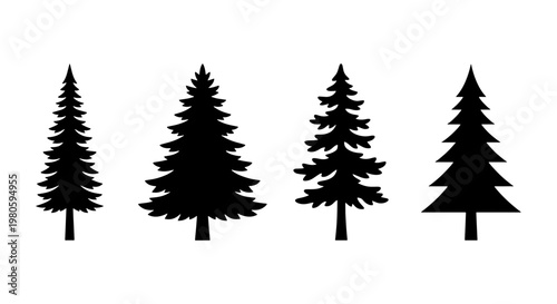 Minimalist pine tree silhouettes, set of 4 evergreen conifer vector icons, black forest fir and spruce shapes for outdoor branding and logos