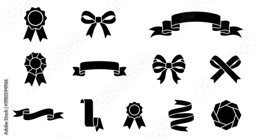 Black ribbon silhouettes and award medals set, 12 vector elements, decorative bow icons and banner scrolls for certificates and gift packaging