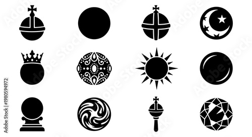 Mystical celestial sphere icons, 12 black vector elements including sun moon and crown, royal orb and crystal ball silhouettes for occult branding