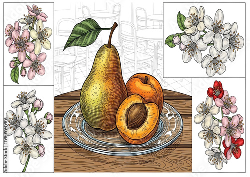 Exquisite botanical illustration of ripe pear and apricots on a wooden table, elegantly surrounded by delicate fruit tree blossoms