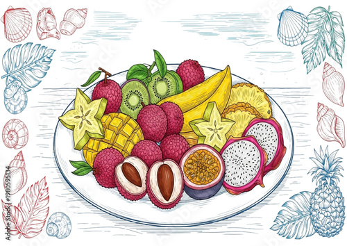 A vibrant and exotic platter of tropical fruits, showcasing a variety of fresh, juicy, and colorful produce