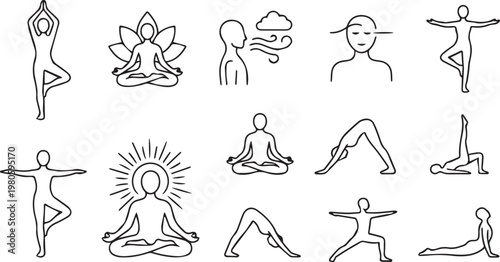 Yoga line icons set, meditation and mindfulness vector symbols, 12 minimalist yoga poses and breathing exercise illustrations for wellness apps