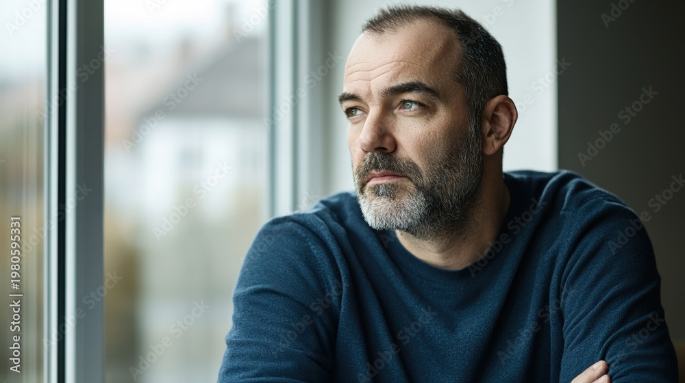 Naklejka premium creator. A determined individual gazing into the distance with a visionary expression. wellbeing guides, coaching materials, designed for mental health education and mindfulness programs.