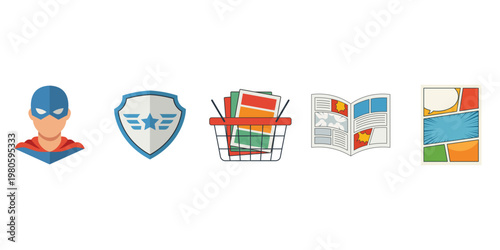 Superhero and Comic Book Icons Set in Flat Design Style