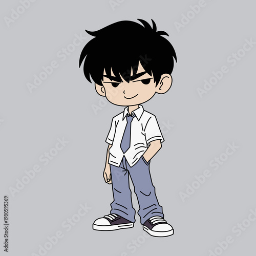 Cartoon illustration chibi male student in school uniform with sneaky smile and hands in pockets