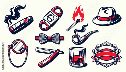 Vintage Gentlemen Accessories and Grooming Icons in Retro Vector Illustration Style