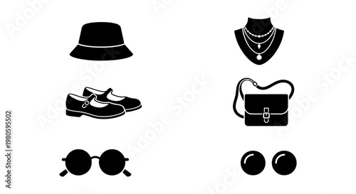 Fashion accessories icon set, black silhouette apparel elements including bucket hat and handbag, stylish jewelry and footwear vector graphics