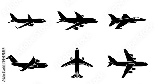 Airplane silhouette vector set, commercial aircraft and fighter jet icons, 6 black plane elements for aviation logistics and travel design