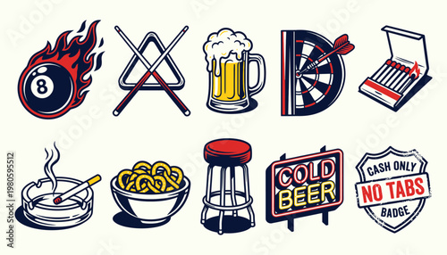Vintage pub icons set for bar branding and nightlife marketing
