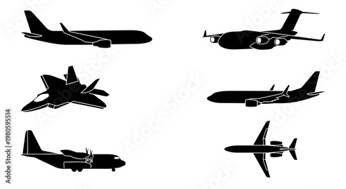 Airplane silhouette vector set, commercial aviation and military aircraft icons, 6 black plane shapes for travel and logistics design