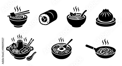 Asian food icon set, black and white vector illustrations of ramen, sushi, dim sum, and hot pot, 7 minimalist oriental cuisine elements for restaurant menus