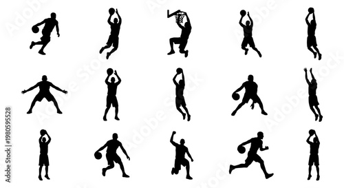Basketball player silhouettes set, 15 athlete vector elements in action poses, black sports figures jumping and dunking, basketball game icons