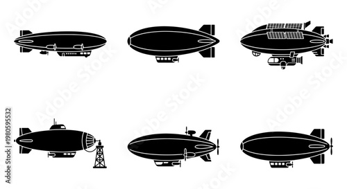 Vintage airship silhouette collection, set of 6 steampunk dirigible blimp icons, retro aviation zeppelin vector graphics for historical design