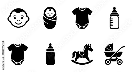 Baby icon set with 8 black vector symbols, newborn infant care elements, nursery equipment and toddler clothing graphics for web design
