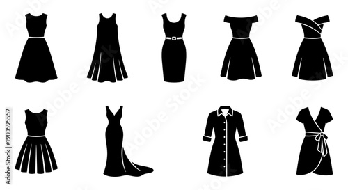 Black dress silhouette icons set, 9 female clothing vector elements, elegant evening gown and casual dress fashion collection for retail and design