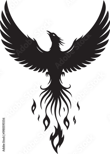Black phoenix bird with outstretched wings and flames