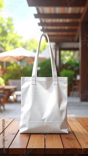 A white tote bag on a wooden table outdoors (9)