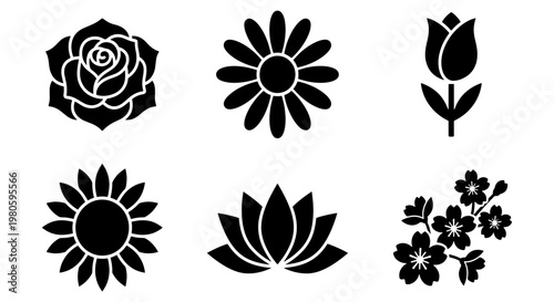 Minimalist black flower icon set, 6 floral vector elements including rose and lotus, flat botanical silhouette collection for logo design