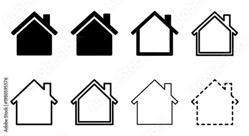 Minimalist house icon set, 8 black home symbols in various line weights and styles, real estate vector graphics for web interface and app design