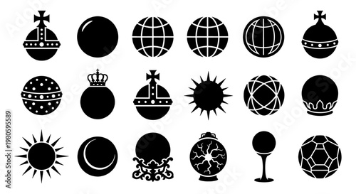 Sovereign orb and globe icons set, 18 black silhouette sphere symbols, royal regalia and celestial sun elements, flat vector graphic collection