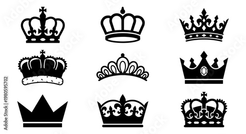 Royal crown icons set, black heraldic king and queen tiara silhouettes, 9 elegant imperial headwear vector elements for luxury branding and logo design