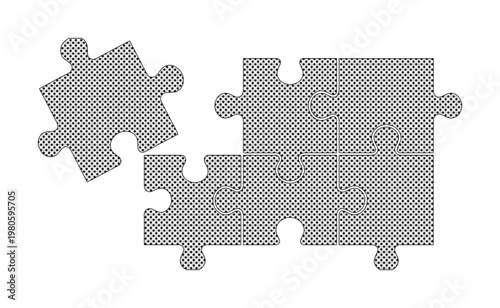 Minimalist jigsaw puzzle vector, gray halftone pattern puzzle pieces, conceptual business solution and teamwork metaphor, isolated interlocking elements