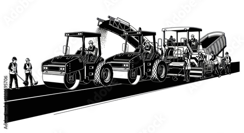 Road Construction with Paver, Roller, and Workers