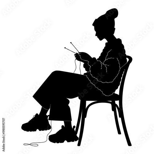 Silhouette of woman knitting, seated, black, vector, illustration, yarn, needles, craft, hobby, relaxation