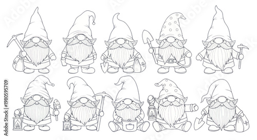Set of Cute Gnome Illustrations with Tools and Lanterns, Outline Drawings