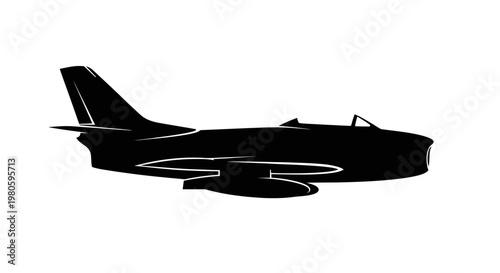 Silhouette of a vintage jet fighter plane in black on a white background