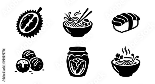 Asian food icon set with sushi, ramen noodles, durian fruit and kimchi. Black and white vector collection of 6 oriental cuisine symbols for restaurant menus.