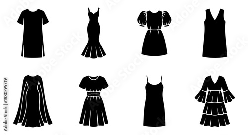 Black dress silhouettes collection, set of 8 female clothing icons, elegant evening gowns and casual summer dresses vector illustrations