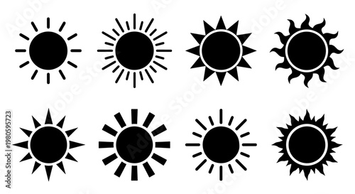 Minimalist sun icon set with 8 black vector silhouettes, solar energy symbols for weather forecasting, modern flat sunburst graphics for web design