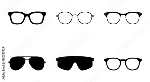 Modern eyewear collection, set of 6 black glasses icons, minimalist spectacle frames and sunglasses silhouettes, optical fashion vector elements