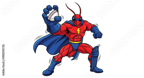 Superhero Ant Character with Baseball, Ready to Pitch, Comic Style