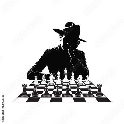Black silhouette man playing chess, strategy game vector, chessboard illustration, monochrome design