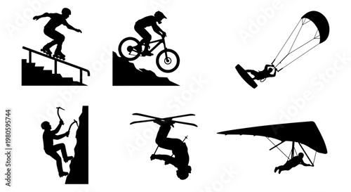 Extreme sports silhouettes set of 6 vector icons, mountain biking and rock climbing athletes, paragliding and skiing action figures for outdoor adventure