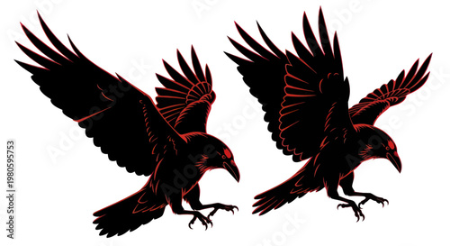 Two Black Ravens Flying, Landing, Silhouette, Vector Art