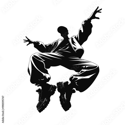 Black silhouette dancer, dynamic breakdancer, urban street dance, isolated vector illustration