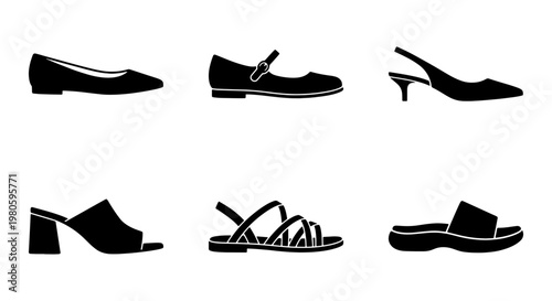 Minimalist women's shoes icon set, black footwear silhouettes including heels and sandals, 6 vector elements for fashion retail and web design