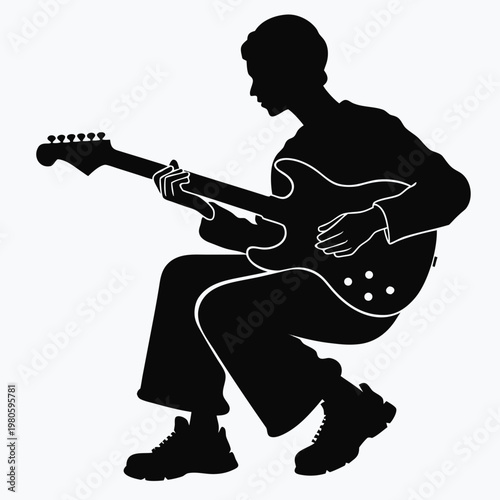 Black silhouette of man playing electric guitar, musician icon, music illustration, guitar player
