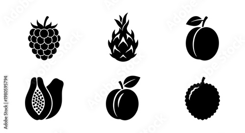 Minimalist black fruit icons set, collection of 6 tropical fruit vector silhouettes, flat graphic design elements for food packaging and menus
