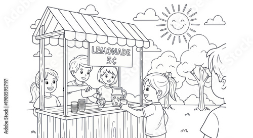 Children Selling Lemonade at a Stand on a Sunny Day